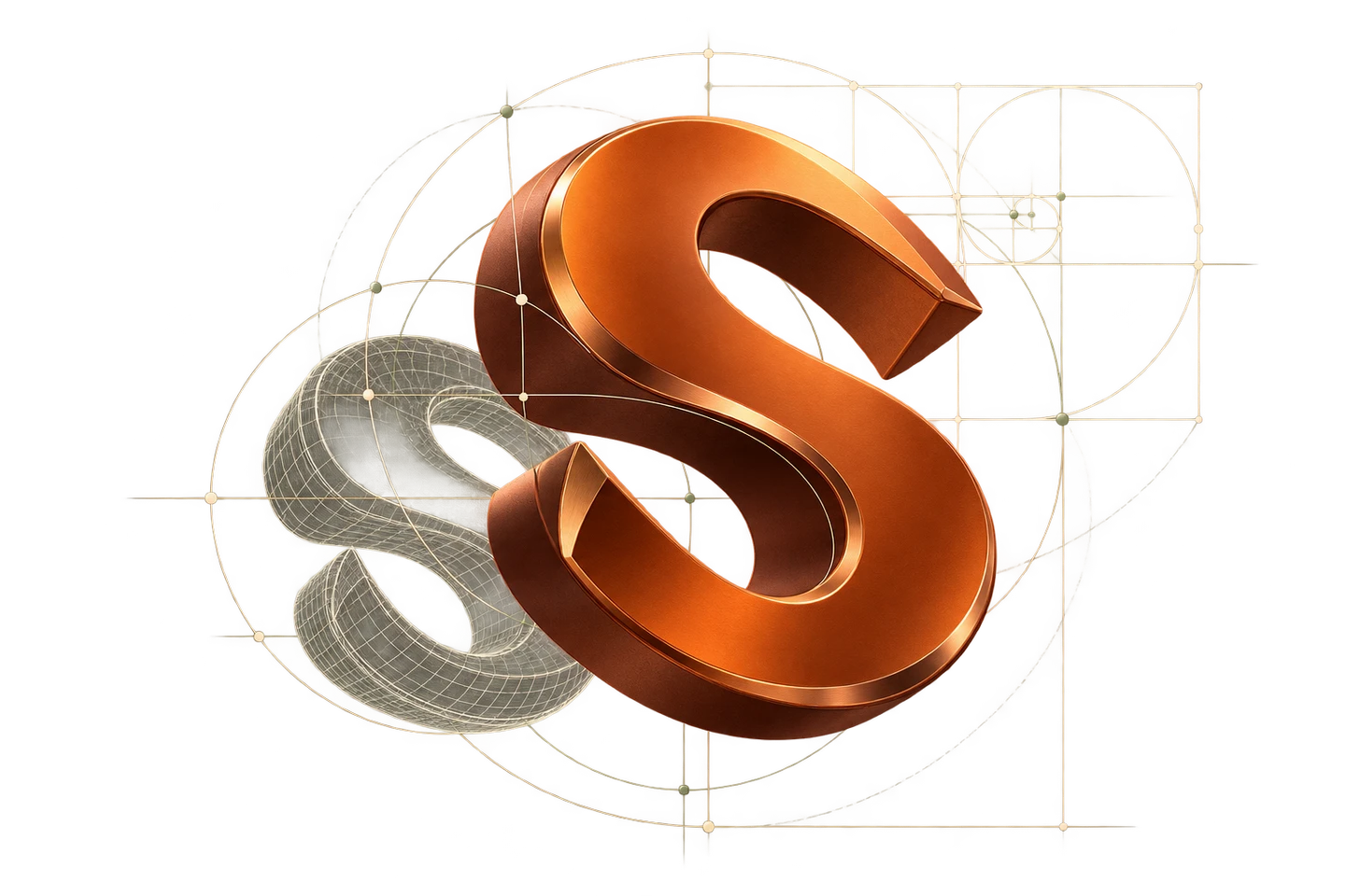 Concept logo dạng khối kim loại với lưới dựng hình và đường tròn